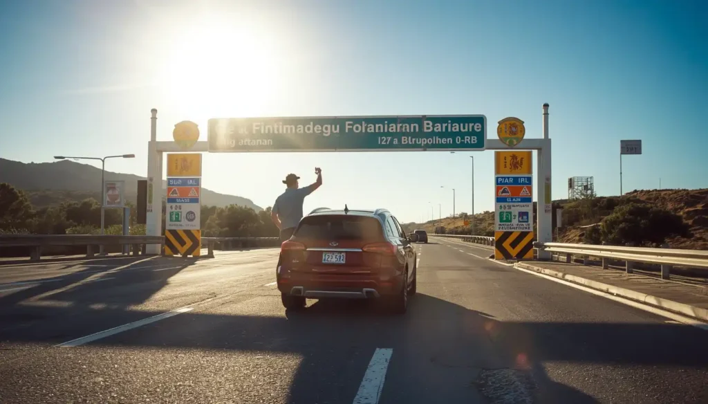 Extranjero llegando a España con su coche, cruzando la frontera española, señales de tráfico españolas