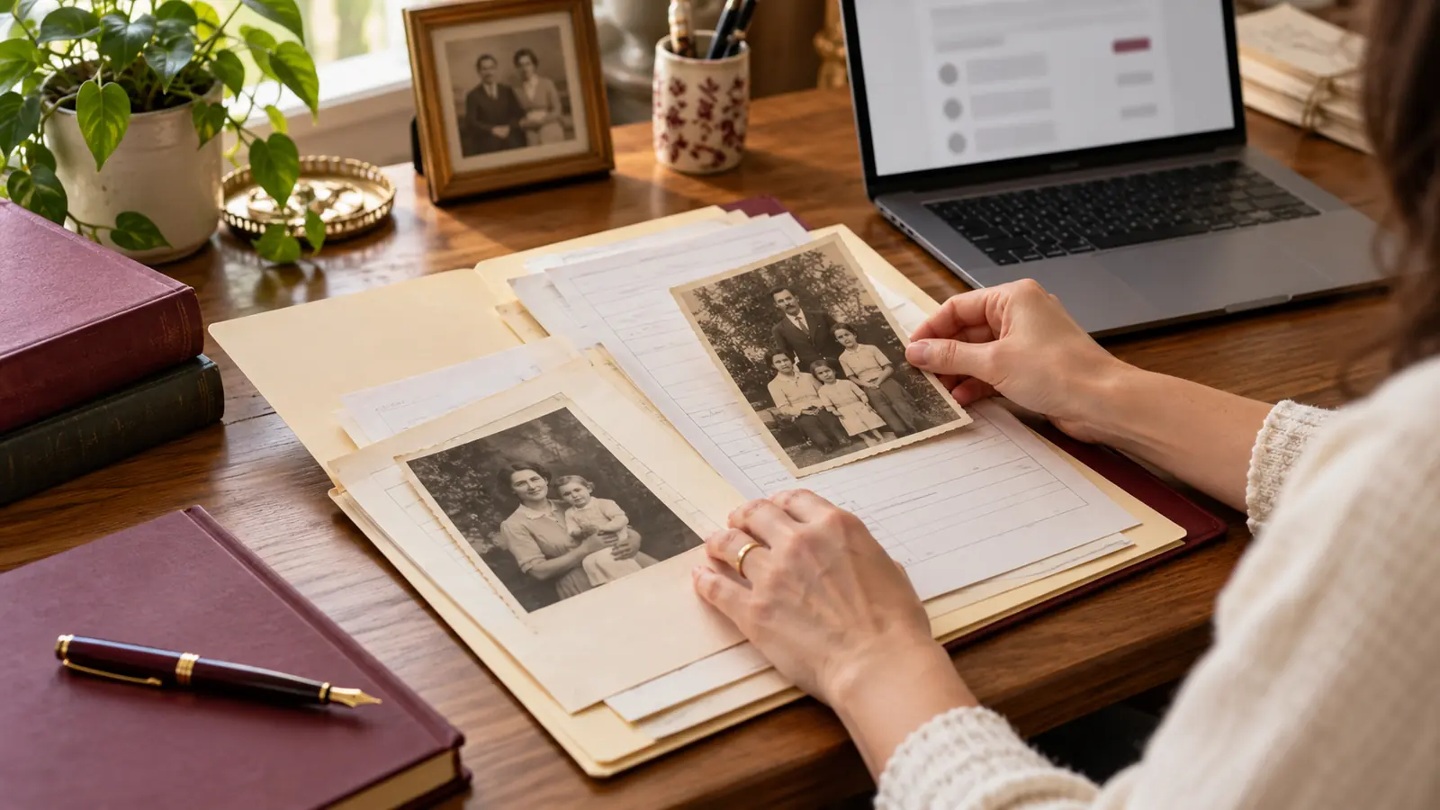 Manos organizando documentos y fotografías familiares junto a un ordenador