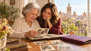 Abuela y nieta mirando fotografías antiguas de su familia